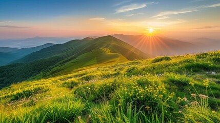 Majestic Sunrise Over Tranquil Mountain Range - A Serene Landscape of Nature's Beauty