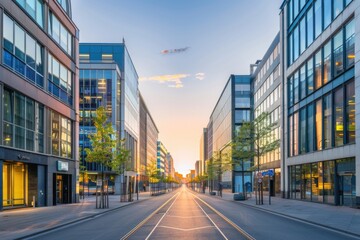 Obraz premium Contemporary Cityscape: Urban Street with Modern Architecture and Glowing City Lights at Night