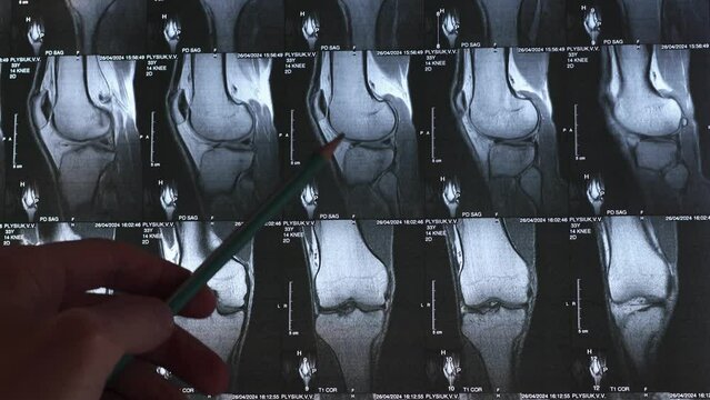Doctor examining bone knee tumor. X-ray and MRI, MRT, CT with marked sclerosis around the nidus. Medical treatmant concept. Diagnosis of the disease humans bones.