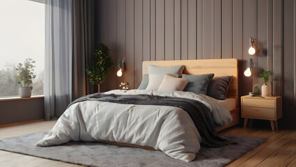 Bedroom with a large bed made in the style of wood and hi-tech, a cozy room for living