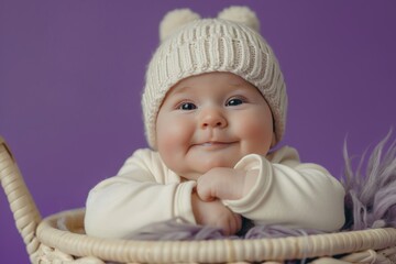 Smiling baby in a knit hat on a purple background, perfect for showcasing cheerful and cute baby moments