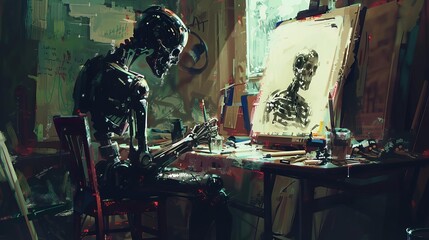 cyborg artist ai replacing human creativity in art studio thoughtprovoking conceptual illustration digital painting