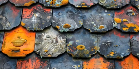 Roof covered in dark mold showing signs of neglect and decay. Concept Neglected Roof, Mold Infestation, Decay Symptoms, Exterior Maintenance Issues