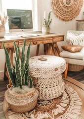 Fototapeta premium Serene Home Office Oasis: Workspace with Lush Plants and Sunlit Ambiance