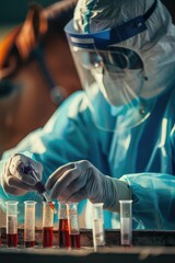 A veterinarian in a protective suit takes tests on animals on a farm. Selective focus.