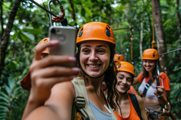 Woman capturing a group of people enjoying a zip line adventure