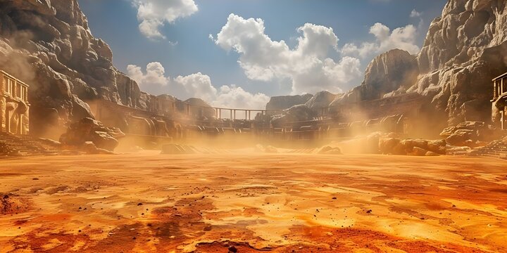 Digital battlefield setting in a desert coliseum for a realistic fighting game. Concept Desert Coliseum, Realistic Fighting, Digital Battlefield, Action Packed, Ultra-Realistic Graphics