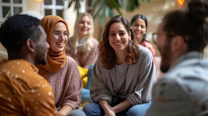 diverse and inclusive group of smiling colleagues at team building workshop workplace diversity