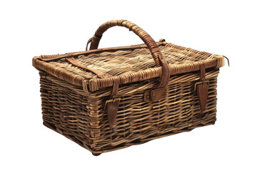 Woven picnic basket with leather straps and handles. Ideal for outdoor activities, picnics, and vintage decor. Made from natural materials.