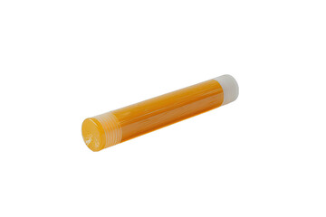 Minimalist image of an orange cylindrical plastic container with white cap on a clean white background, isolated, simple design, medical use.