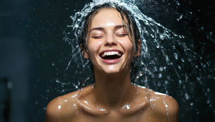 Fototapeta premium beautiful girl fashion model rushes about in the bathroom, girl in the shower, detergent advertisement, shampoo advertisement, soap advertisement, wet hair, hair care product