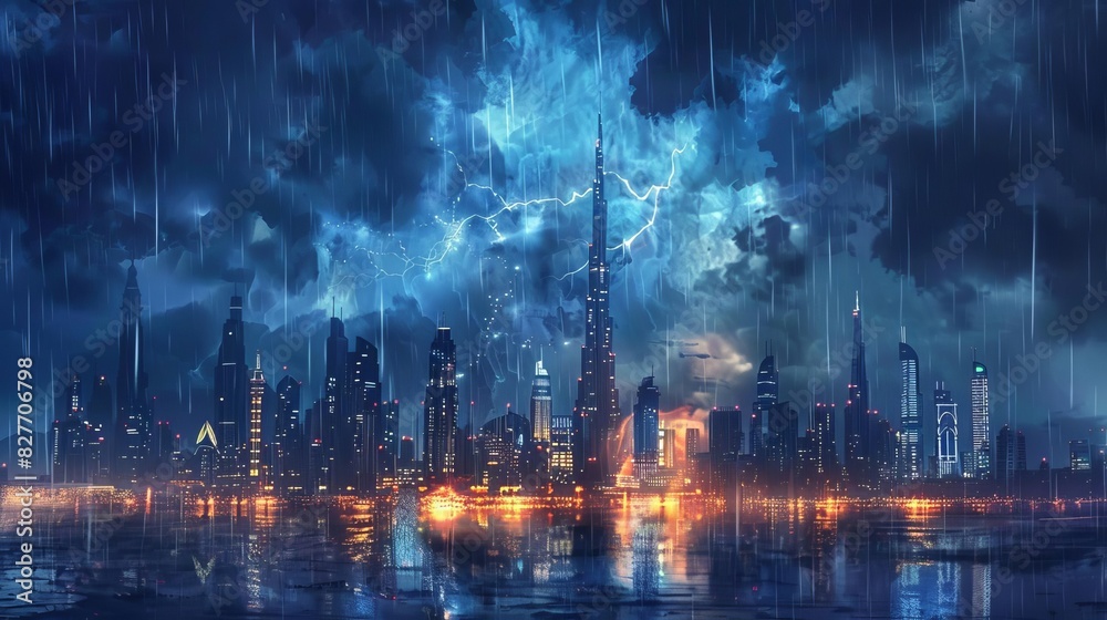 Canvas Prints dramatic stormy weather in dubai cityscape with heavy rain and lightning digital painting