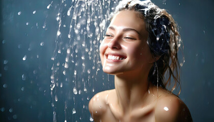 Obraz premium beautiful girl fashion model rushes about in the bathroom, girl in the shower, detergent advertisement, shampoo advertisement, soap advertisement, wet hair, hair care product