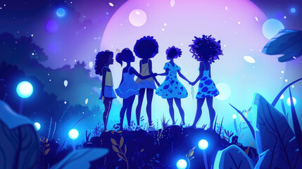 A group of people standing together on a vibrant green field under the clear sky