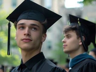 Two young male graduates wearing caps and gowns during an outdoor graduation ceremony, looking forward to their future.