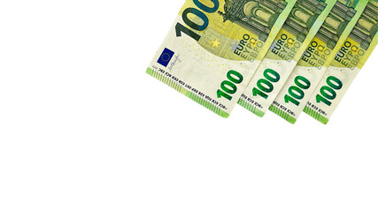 Four 100 euro banknotes arranged diagonally on a white background. Ideal for financial services, banking, investments, or money-related businesses.