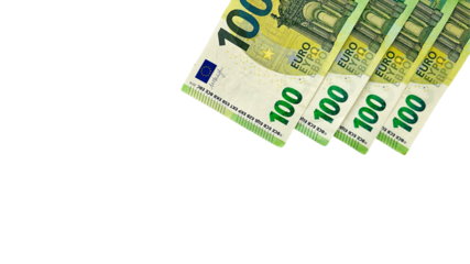 Four 100 euro banknotes arranged diagonally on a white background. Ideal for financial services, banking, investments, or money-related businesses.