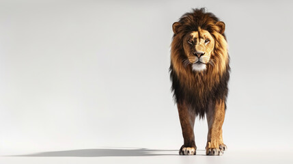 Obraz premium A lion walking confidently across a clean white floor