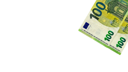Close-up of a stack of 100 euro banknotes on a white background, symbolizing wealth, finance, and European currency. Ideal for financial, economic, and business themes.
