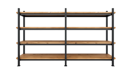 Black and Wood Shelf With Four Shelves isolated on transparent background PNG