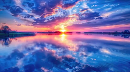 Fototapeta premium Serene Sunrise Reflections on a Tranquil River