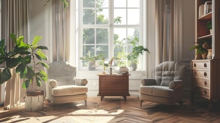 elegant living room interior with cozy armchairs and vintage drawer sunlit window digital illustration
