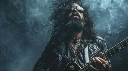 A man with flowing long hair playing a guitar passionately