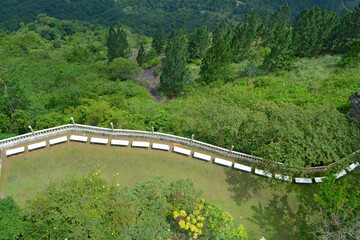 White color fence and white benches in a green natural setting with trees Ariel view