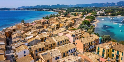 Serene Aerial View of Quaint Coastal Village with Vibrant Houses and Lush Greenery overlooking Blue Ocean Waters