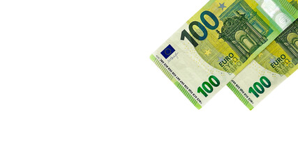 A close-up of two 100 Euro banknotes isolated on a white background. Ideal for financial, business, or currency-related concepts, and can be used in promotional materials or advertising.