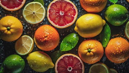 Still life background with citrus fruit with water drops, top view. Organic natural healthy food