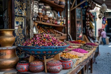Colorful market scene with various nuts and dried fruits, symbolizing healthy and vibrant food choices