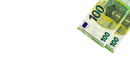 Two 100 euro banknotes on a clean white background. Suitable for financial services, banking, investment, currency exchange, and business-related concepts.