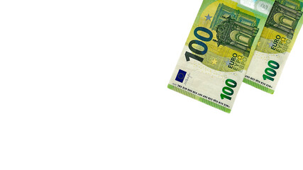 Two 100 euro banknotes on a clean white background. Suitable for financial services, banking, investment, currency exchange, and business-related concepts.