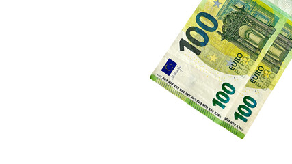 A close-up of two 100 Euro banknotes isolated on a white background. Ideal for financial, business, or currency-related concepts, and can be used in promotional materials or advertising.