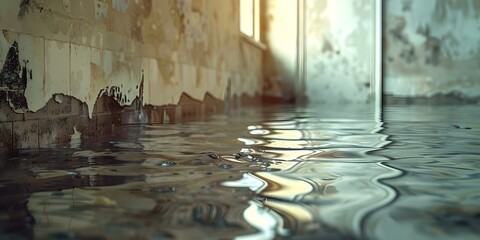 Basement water damage leads to mold growth due to excess moisture. Concept Basement Water Damage, Mold Growth, Excess Moisture, Health Risks, Prevention
