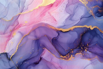 Fototapeta premium Abstract watercolor liquid fluid paint, pastel, purple, pink color and golden lines marbled background, AI generated