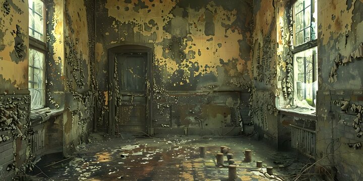 Abandoned building covered in mold decay creeping into every corner. Concept Abandoned Building, Mold Decay, Creeping, Eerie Atmosphere, Urban Exploration