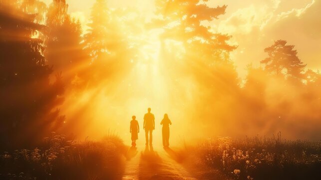 ethereal sunset landscape with silhouette of christian family walking path of righteousness