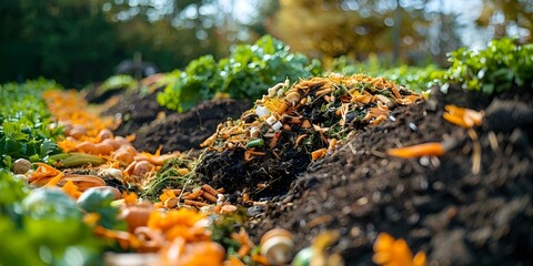 Closeup of community gardens compost pile repurposing food waste for biogas. Concept Community Gardens, Compost Pile, Food Waste Repurposing, Biogas Technology, Sustainability Efforts