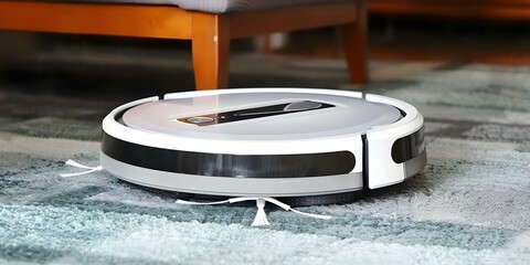 A demonstration of an efficient robot vacuum cleaner effortlessly maintaining a tidy living space. Concept Robot Vacuum Cleaner Demonstration, Efficient Cleaning, Tidy Living Space, Smart Technology