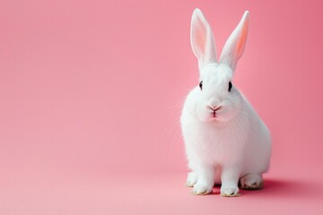 a white rabbit sitting on a pink background