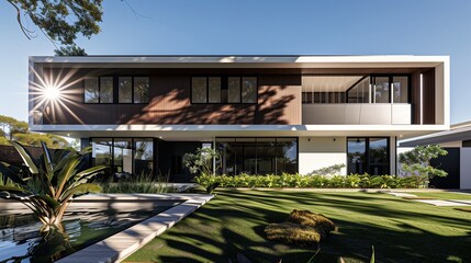 Fototapeta premium A modern suburb house with a cocoa and white fa? section ade, seen at noon with sharp shadows from the large windows, 