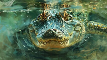 Fototapeta premium fierce saltwater crocodile lurking in the water digital painting