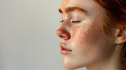 Close-up Portrait of Woman with Natural Skin and Redness on Cheeks