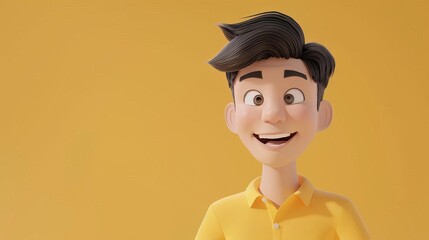 friendly smiling asian male cartoon character in yellow shirt 3d illustration on light background