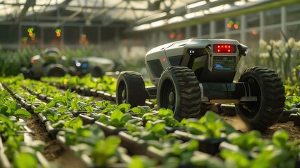 A futuristic farm with autonomous tractors, drone monitoring systems, and precision agriculture technology, organic vegetables