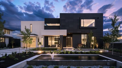 A modern suburban house with a striking facade of black and white materials, captured at dusk with...