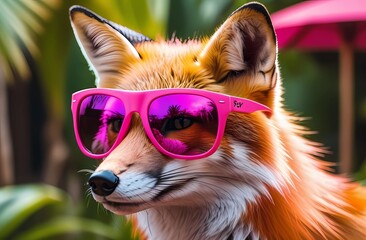 Fox in sunglasses against tropical background. Summer vacation. Travel.