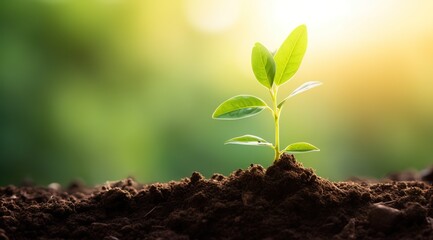 The sprout of the young tree grows on rich soil, with a green background and sunlight shining in spring. 
